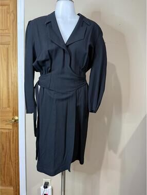 80s Thierry Mugler Paris 40 Black Long Sleeve Wrap Dress with Waist Tie